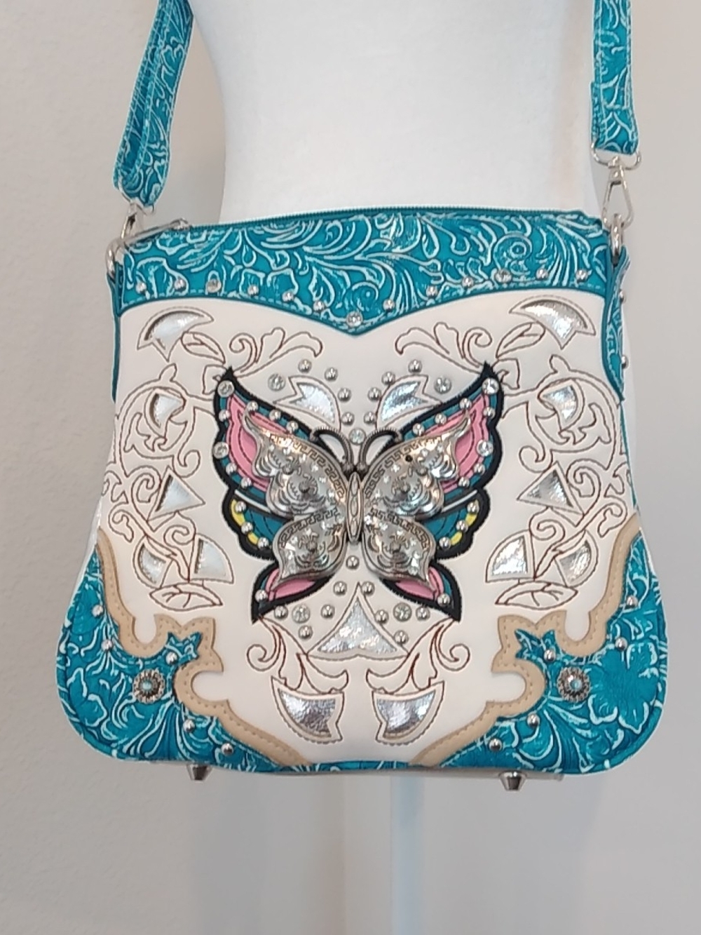 Turquoise Tooled Faux Leather Crossbody Bag Embellished Butterfly Cowgirl Rodeo